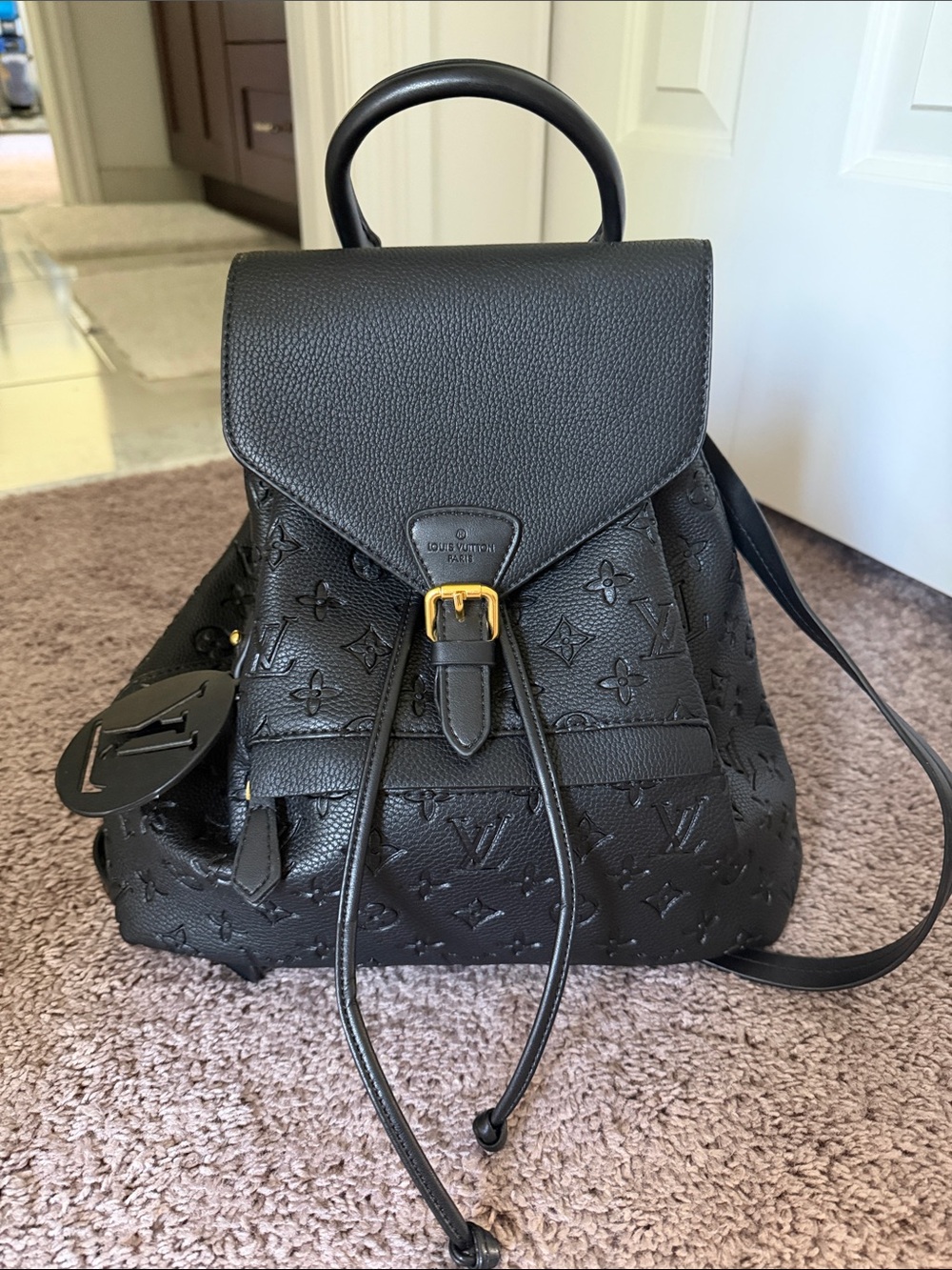LV Black Leather Montsouris Backpack